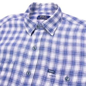 Polo Ralph Lauren Mens‎ M Blue White Check 100% Linen Shirt Short Sleeve